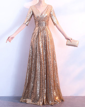 Women Long Sequin Dress Outfit Half Sleeve Wedding Gold Sequin Dress Plus Size image 1