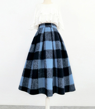 BLUE PLAID Midi Skirt Outfit Women Winter Wool Midi Plaid Party Skirt Plus Size