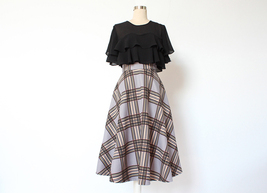 GRAY Plaid A Line Pleated Skirt High Waist Autumn Tea Length Midi Skirt US0-US20 image 5