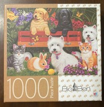 Big Ben Garden Party 1000 Piece Jigsaw Puzzle - Dogs Cats Puppies Bunnies - $10.78