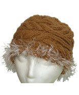 Brown hand knit hat with icy pink fringe - $25.00