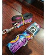 Unicorns &amp; Rainbows with Stripes Purple Dog Collar &amp; Leash Combo by Buck... - $39.97