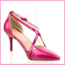 Low Spike Stilletto High Heels Criss Cross Strap Fire Pink PU Leather Sandals  image 1