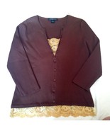 August Silk Women&#39;s Knit Top Size L Brown V-Neck Faux Buttondown Faux Ca... - $11.29