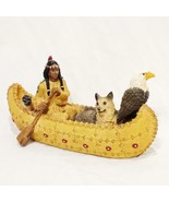 Native American Indian In Canoe Wolf Bald Eagle Figurine Young China Res... - $32.99