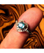 Heart shaped Sterling Silver Ring wth round Cut Blue Zircon and 12 CZ - Size 6.5 - $59.00