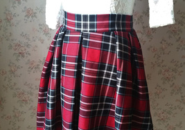 Autumn Women Plaid Skirt Pleated Plaid Skirt - High Waist, Red Check,Midi  image 3