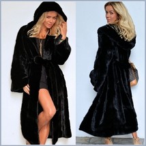 Big Hooded Sleek Black Mink Sable Faux Fur Long Pelt Parka Overcoat 