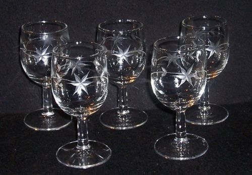Primary image for 5 Vtg Starburst Etched Crystal Stem 5 1/2 Wine/Liqueur/Cordial Bar Glasses