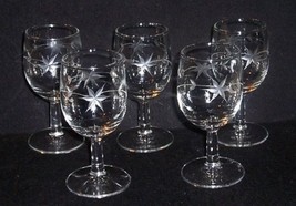 5 Vtg Starburst Etched Crystal Stem 5 1/2 Wine/Liqueur/Cordial Bar Glasses - $17.82