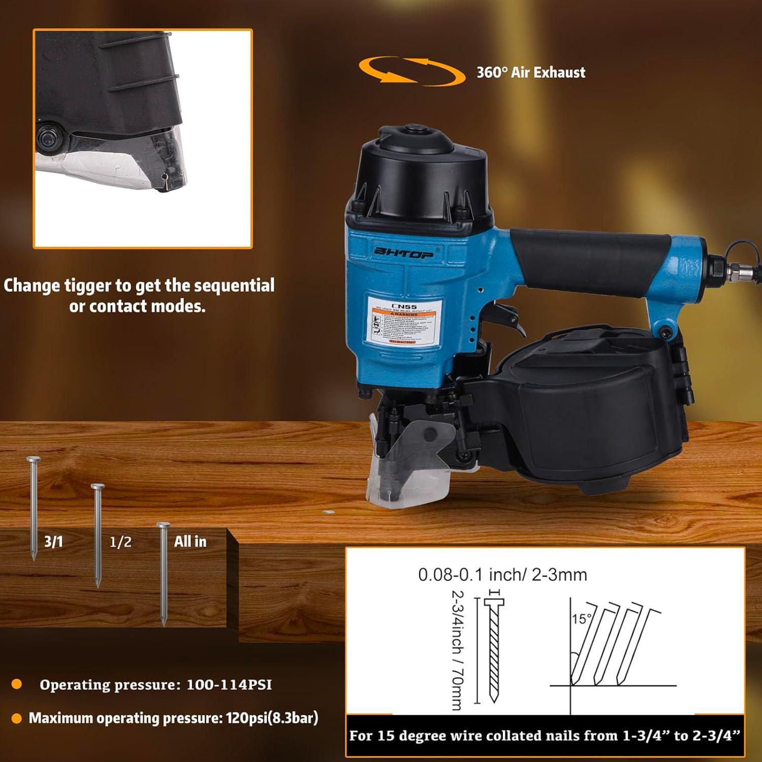 BHTOP CN70 Coil Siding Nail Gun, 15 Degree Pneumatic Siding Air