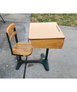 Vintage Child&#39;s School Desk Cast Iron Swivel Chair Flip Top Surface 24&quot; ... - $89.75