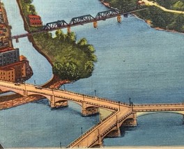 c1930 Y Bridge Zanesville Ohio Linen Postcard Aerial View Birds Eye Rive... - $17.33