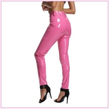 Bright Pink Tight Fit Faux Leather High Waist Front Zip Up Legging Pencil Pants