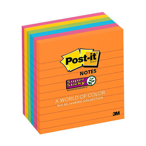 Post-it Super Sticky Recycled Notes, Bali Colors, Lined - 3 pack, 90 sheets each