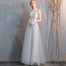 Floor Length Maxi Bridesmaid Dresses Tulle Wedding Dress Light Gray Off Shoulder image 7