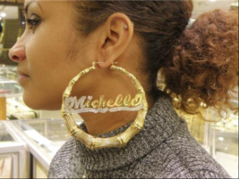 Personalized 14k Gold Overlay Name hoop Earrings Bamboo Earrings 4 inch - $44.99