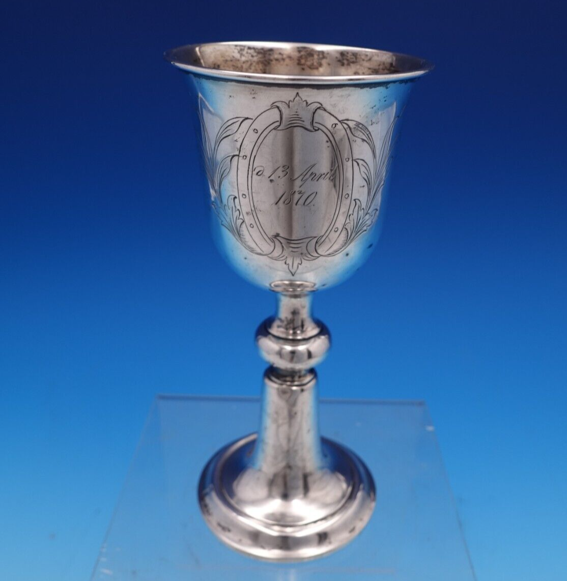 Primary image for Danish .830 Silver Cup / Goblet w/ Engraved Crest Scrollwork 6" x 2 3/4" (#7613)