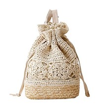 Crochet Flower Straw Backpack Drawstring Summer Beach Bucket Bag, Beige