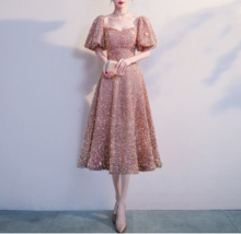 BLUSH PINK Sequin Midi Dress GOWNS Vintage Sleeved Wedding Party Sequin Dresses