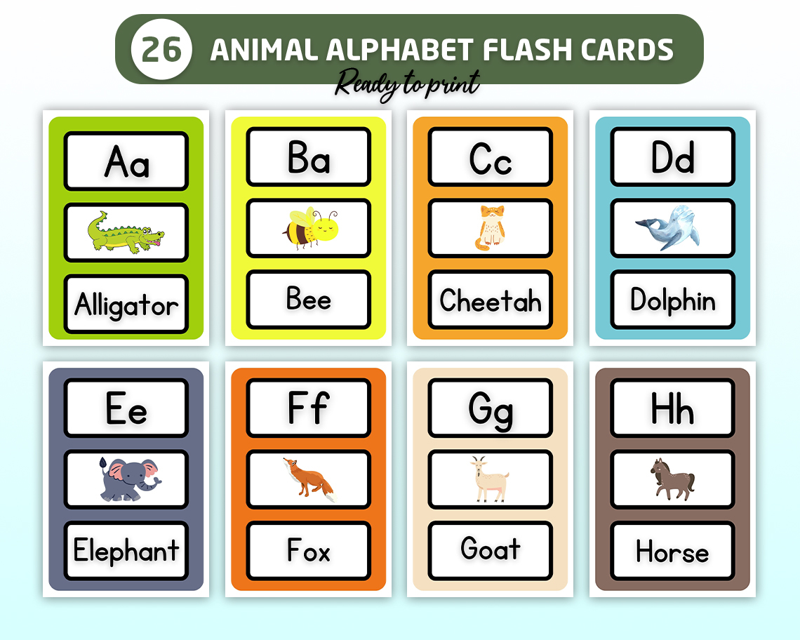 ABC Animal Flash Cards, Learn ABCs, Animal Alphabet Flashcards, AZ