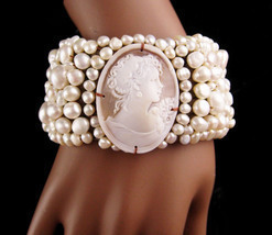 LARGE Italian Pearl Bracelet - Amedeo carved cameo - Baroque pearl cuff ... - $425.00