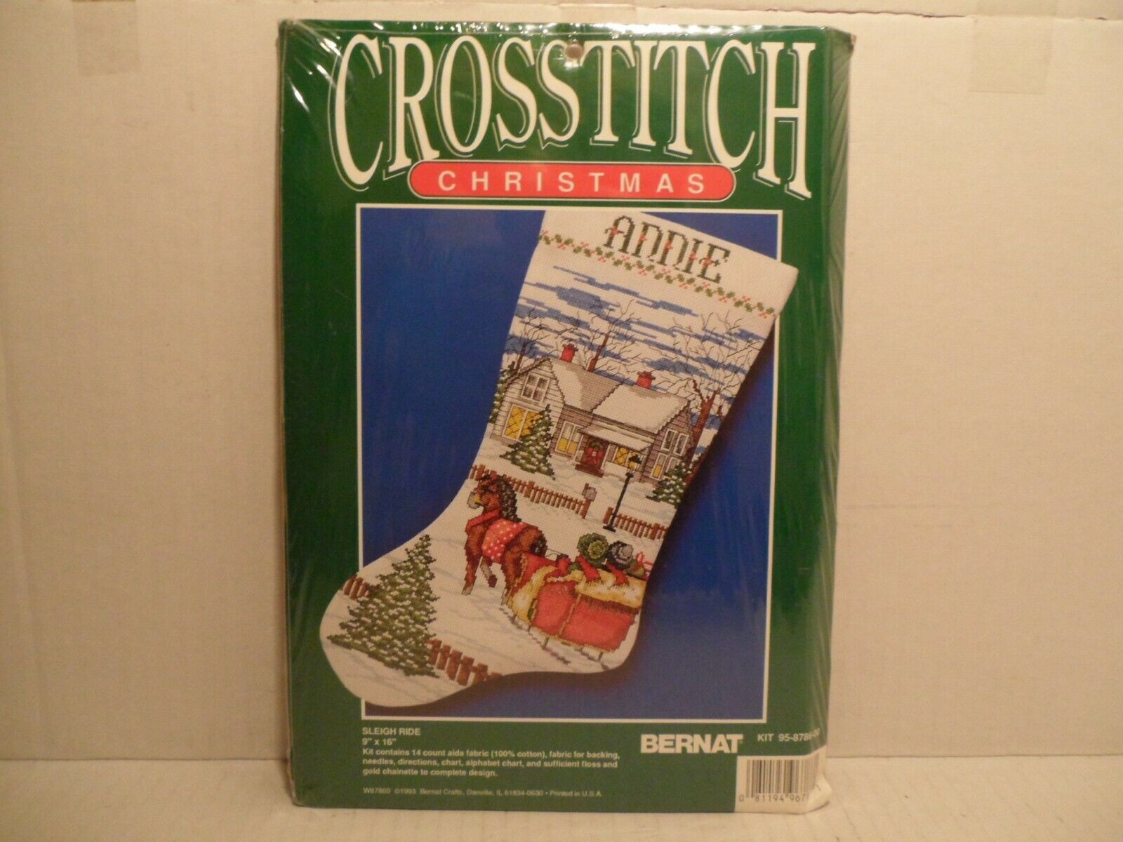 Bernat Cross Stitch Kit Sleigh Ride Christmas Stocking 9x16 1993 New