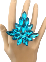 2.75" Drop Turquoise Aqua Pool Blue Acrylic Crystals Big Cluster Statement Ring - $28.50