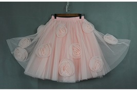 FLOWER CIRCLE Princess Tulle Skirt High Waist Handmade Blush Pink Midi Skirts 