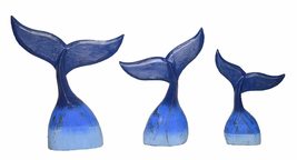 Hand Carved Wood Humpback Blue Set of 3 Whale Tail Table Top Carving Sculpture O - $39.54