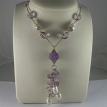 .925 SILVER RHODIUM NECKLACE, AMETHYST, BAROQUE &quot;DROP SHAPE&quot; PEARLS, CRY... - $98.00