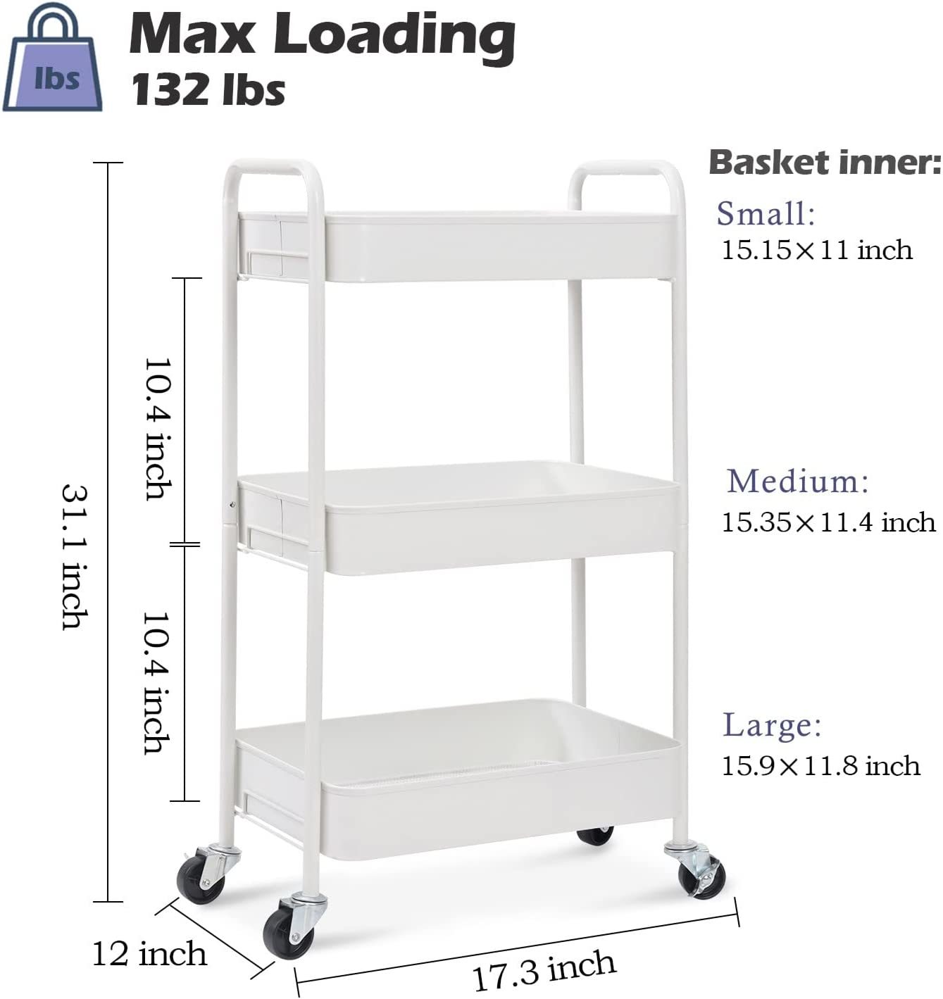 Laiensia 3-Tier Storage Cart,Multifunction Kitchen Storage Organizer,Mobile  Shelving Unit Utility Rolling Cart with Lockable Wheels for