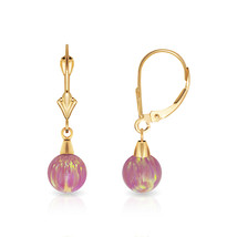 6 mm Ball Shaped Pink Fire Opal Leverback Dangle Earrings 14K Yellow Gold - $92.49