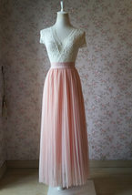 Blush Pink Pleated Tulle Skirt Tulle Maxi Skirt Elastic High Waist Band