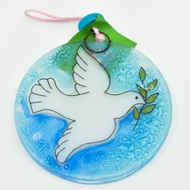 Fused Art Glass Dove &amp; Olive Branch Peace Suncatcher Ornament Handmade E... - $17.81