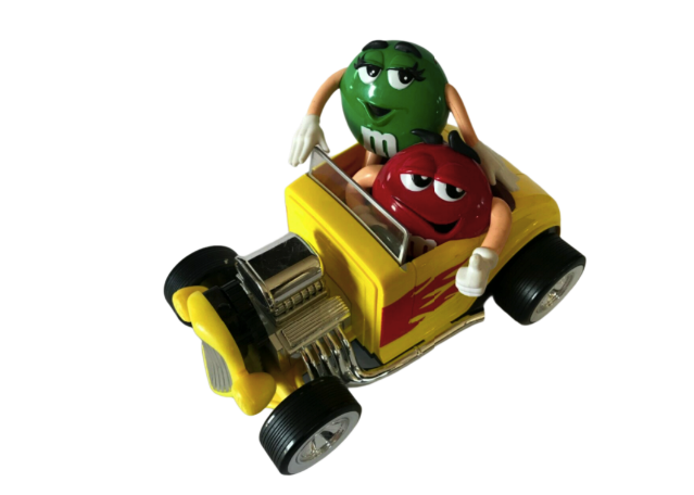 M&Ms Yellow Hot Rod Roadster Candy Dispenser Red and Green M&M  Characters