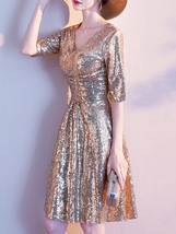 Knee Length Gold Sequin Dress Half Sleeve Sequin Gold Dress Wedding Guest Dress image 5