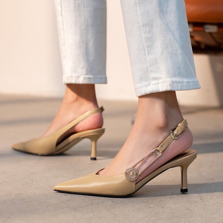 2021 Pointed Toe Women Black Leather Slingback Pumps Apricot Chains Prom Sandal Women