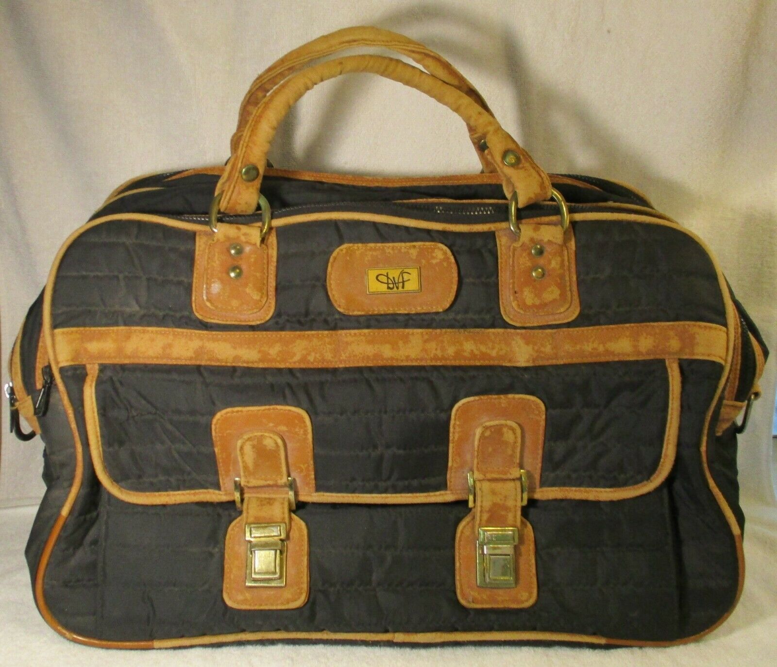 Vintage DVF Large Travel Bag Diane Von Furstenberg Black Quilted Tan Leather - $49.50