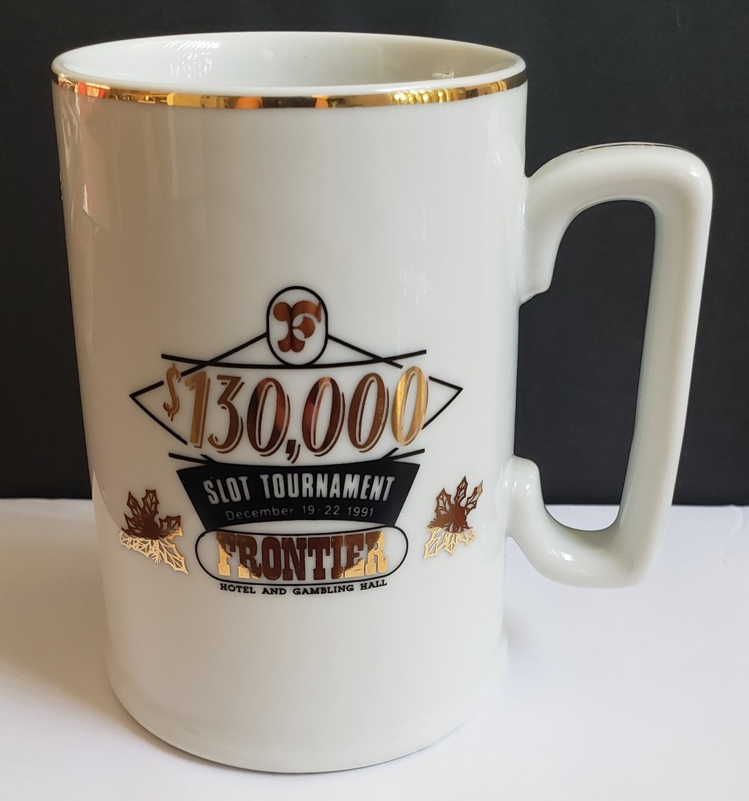 Frontier Hotel & Gambling Hall $130,000 Slot Tournament Dec 1991 ceramic mug - $10.95