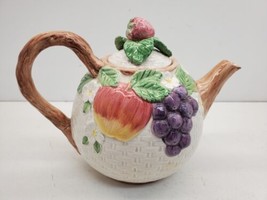 Vintage Fitz And Floyd Teapot With Fruit And Basket Weave Pattern - $24.18
