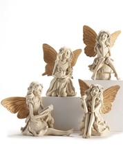 Fairy Figurines Set of 4 Cream With Gold Wing Accent 6.6" High Mystical Resin