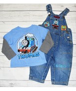 Infant 12m THOMAS TRAIN &amp; FRIENDS Outfit Denim Blue Jean Bib Overalls LS... - $12.99