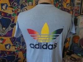 Vintage Adidas Rainbow Trefoil Men&#39;s M T-shirt Single Stitch Blue  - $396.49