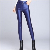 Blue Stretch Faux Leather High Waisted Button Up Skinny Pencil Trousers