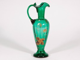 Vintage Green Glass Handled Pitched with Hand Painted Gold and White Flowers - $23.38