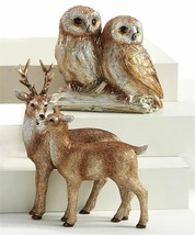 Owls And Reindeer Figurines Set of 2 Brown Gold White Resin 7" High Wildlife 
