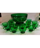 Vintage Anchor Hocking Forest Green Punch Bowl, Stand and 15 cups - $59.99