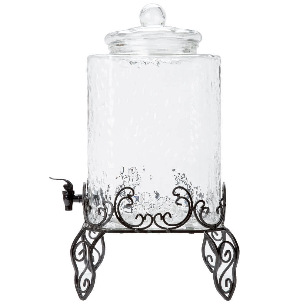 Elegant Home High Quality Hammered Glass Beverage Dispenser - 2.7 Gallon, with Glass Lid and Antique Metal Stand