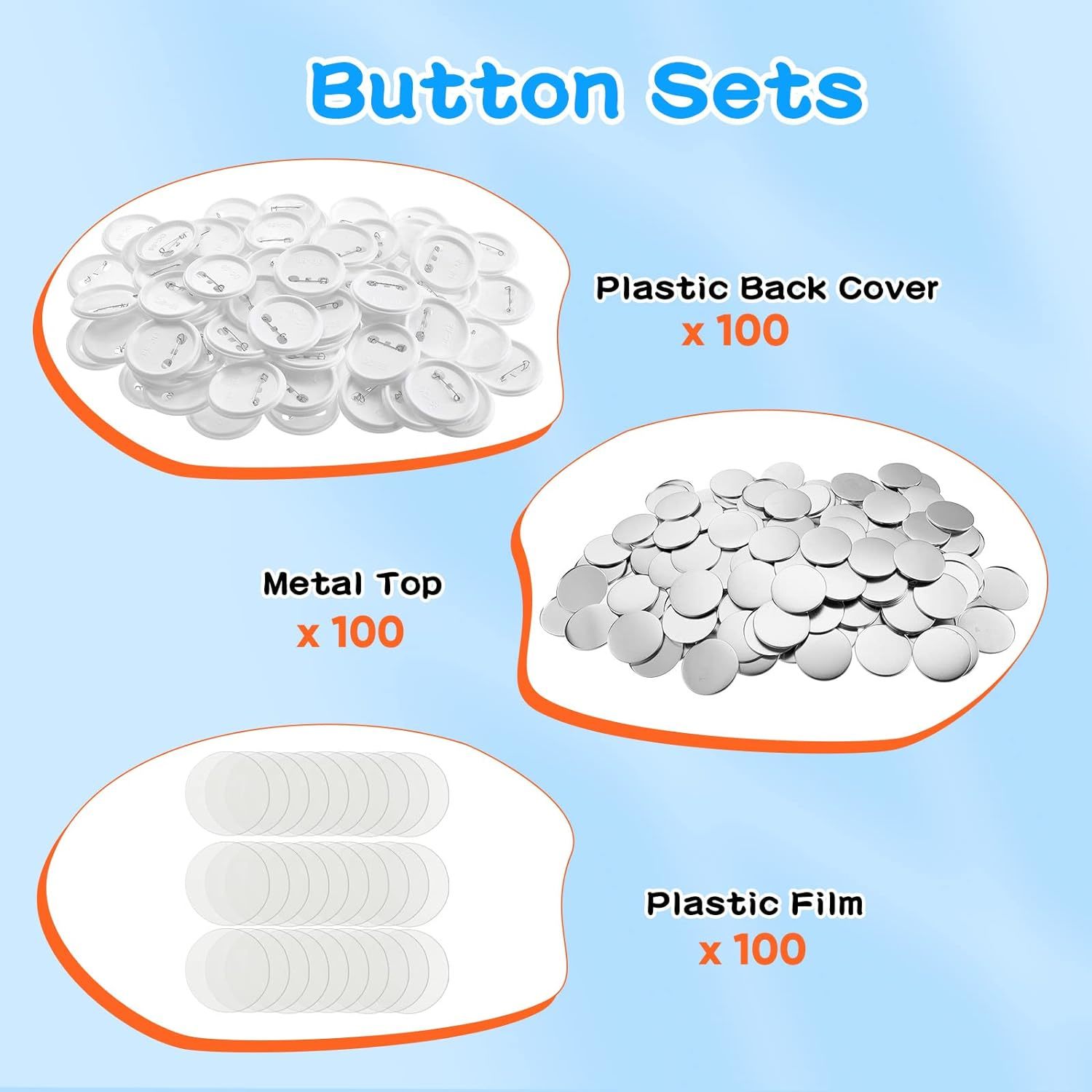 300pcs Button Making Supplies, 58mm/2.28 inch Full Metal Blank Buttons Round Badge Pin Button Parts with Transparent Film Button Making Kit for
